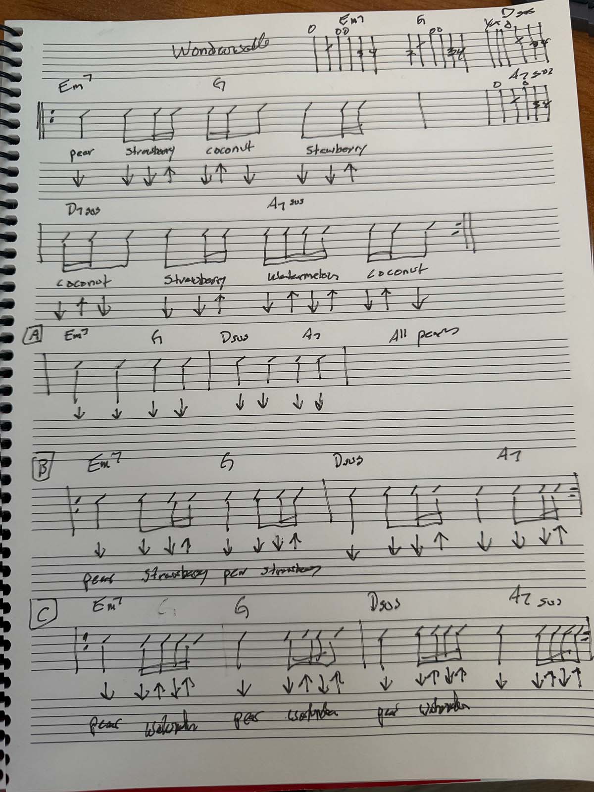 Matt Rosenfeld's handwritten Wonderwall strumming chart showing rhythm patterns with words like pear, strawberry, coconut and watermelon